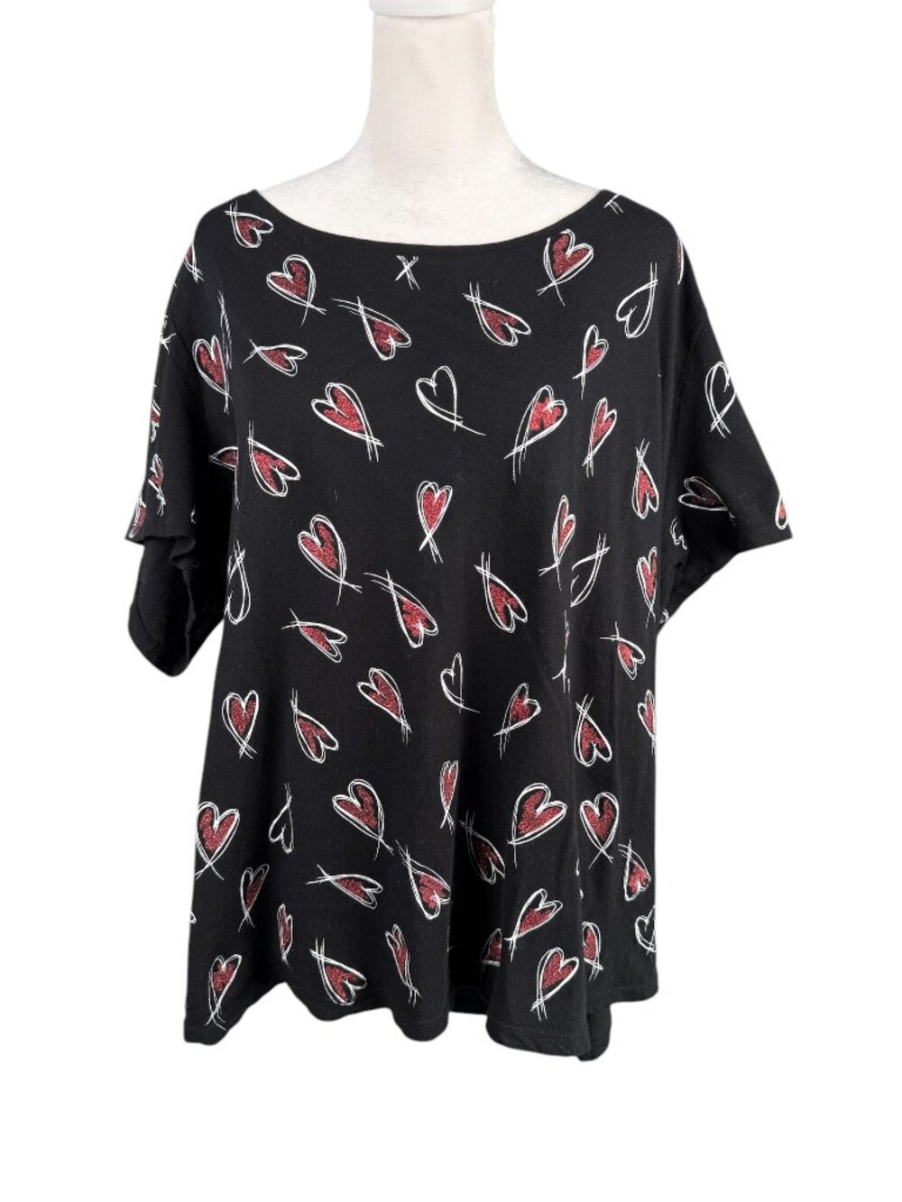 Lane Bryant 22/24 Short Sleeve 100% Cotton Tee Black Sparkly Red Hearts Top